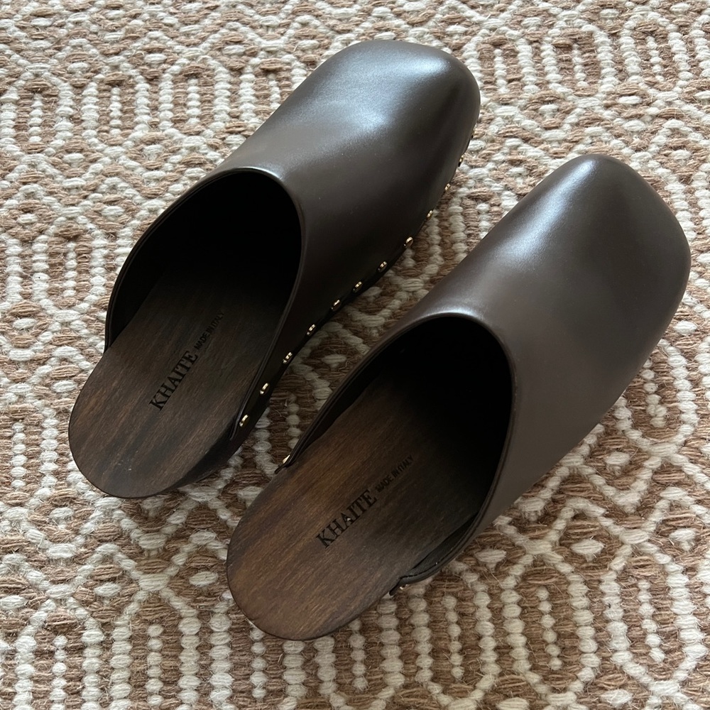 KHAITE Brown Leather Wooden Clogs 39
